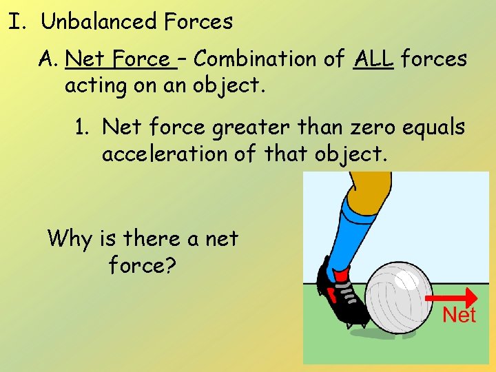 I. Unbalanced Forces A. Net Force – Combination of ALL forces acting on an