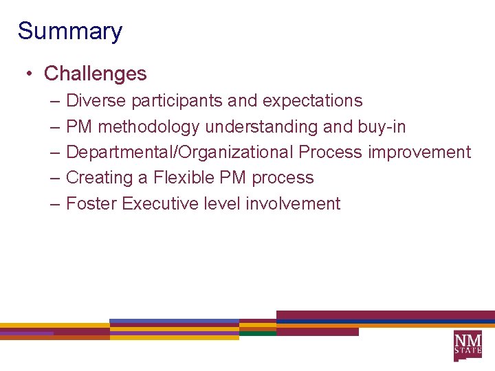 Summary • Challenges – Diverse participants and expectations – PM methodology understanding and buy-in