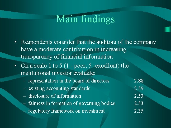 Main findings • Respondents consider that the auditors of the company have a moderate