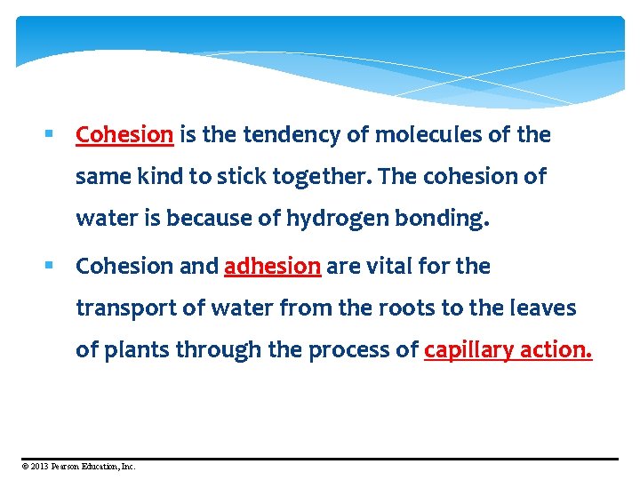 § Cohesion is the tendency of molecules of the same kind to stick together.