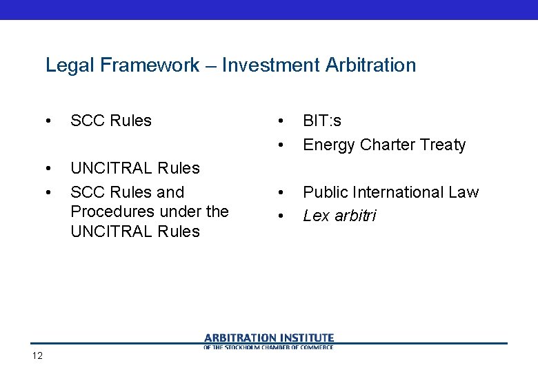 Legal Framework – Investment Arbitration 12 • SCC Rules • • UNCITRAL Rules SCC