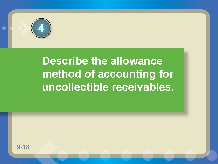 4 Describe the allowance method of accounting for uncollectible receivables. 9 -18 9 -16