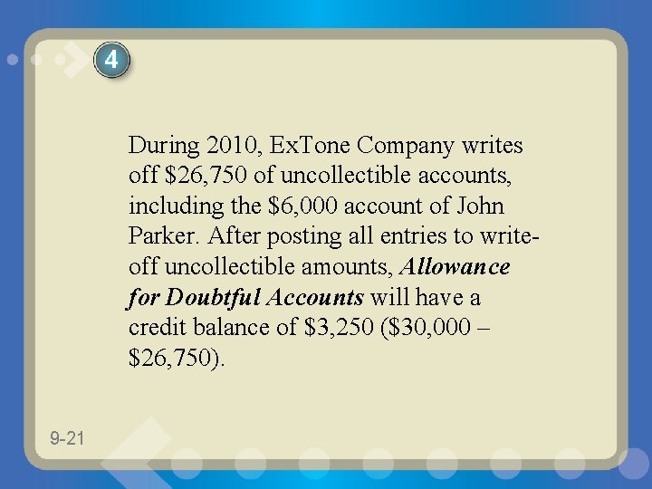4 During 2010, Ex. Tone Company writes off $26, 750 of uncollectible accounts, including