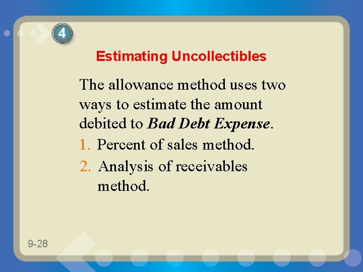 4 Estimating Uncollectibles The allowance method uses two ways to estimate the amount debited