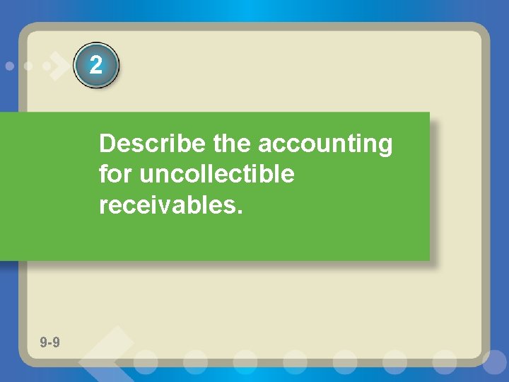 2 Describe the accounting for uncollectible receivables. 9 -9 9 -7 