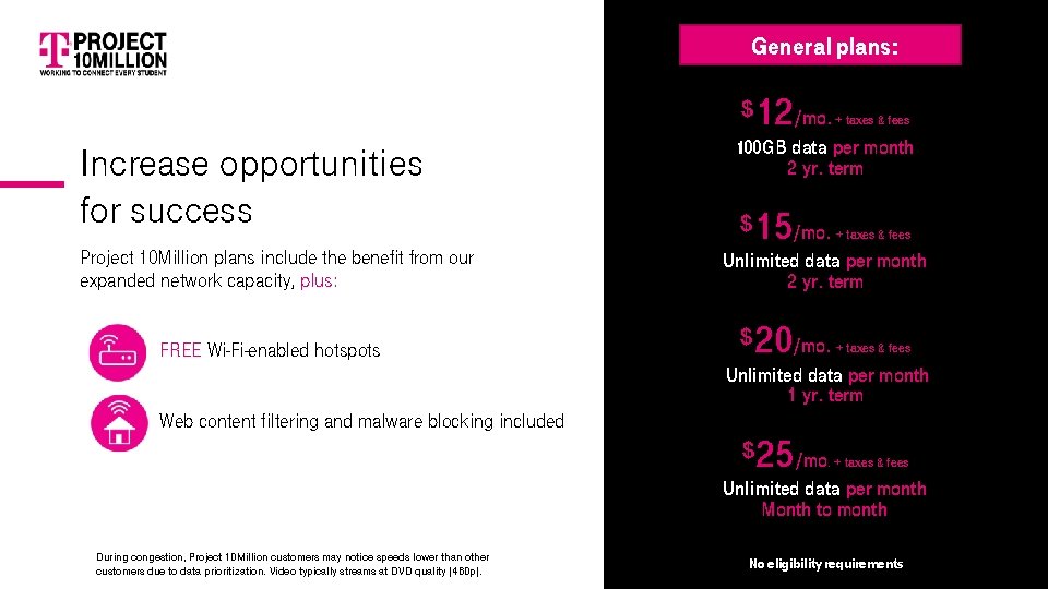 General plans: $12 /mo. + taxes & fees Increase opportunities for success Project 10