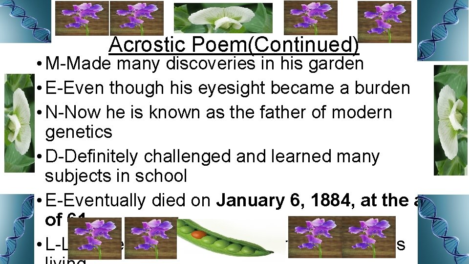 Acrostic Poem(Continued) • M-Made many discoveries in his garden • E-Even though his eyesight