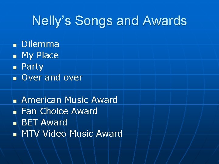 Nelly’s Songs and Awards n n n n Dilemma My Place Party Over and