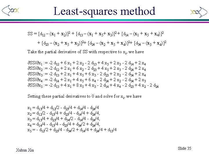 Least-squares method SS = [d 12 – (x 1 + x 2)]2 + [d