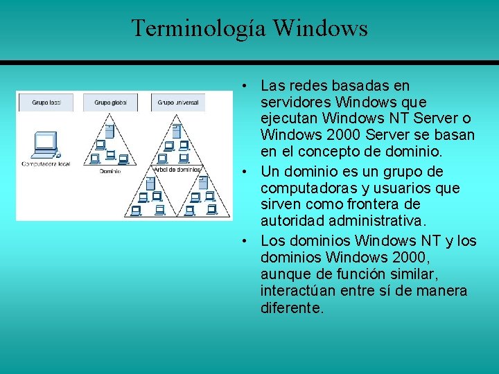 Terminología Windows • Las redes basadas en servidores Windows que ejecutan Windows NT Server