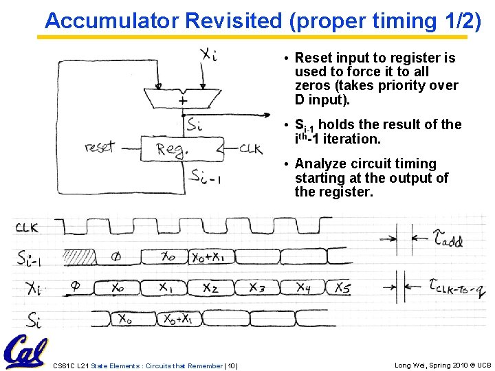 Accumulator Revisited (proper timing 1/2) • Reset input to register is used to force Accumulator Revisited (proper timing 1/2) • Reset input to register is used to force