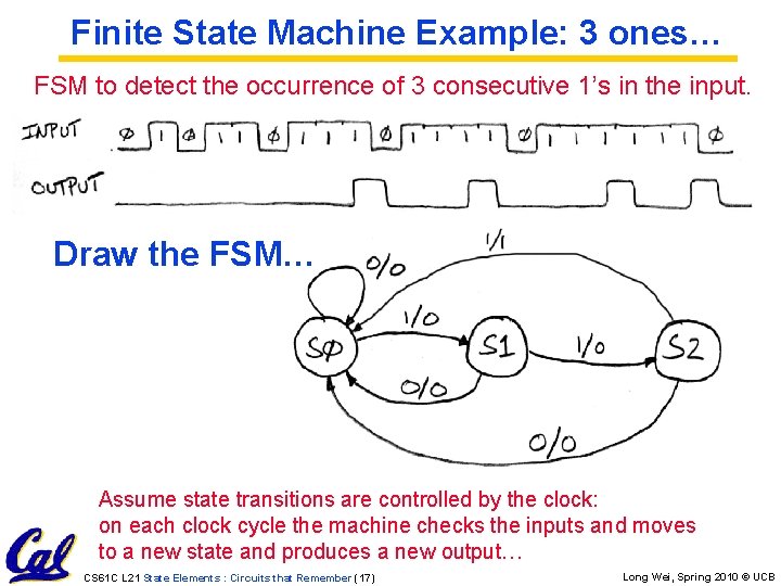 Finite State Machine Example: 3 ones… FSM to detect the occurrence of 3 consecutive Finite State Machine Example: 3 ones… FSM to detect the occurrence of 3 consecutive