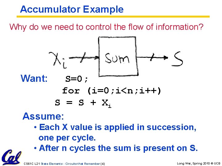 Accumulator Example Why do we need to control the flow of information? Want: S=0; Accumulator Example Why do we need to control the flow of information? Want: S=0;