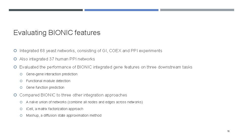 Evaluating BIONIC features Integrated 68 yeast networks, consisting of GI, COEX and PPI experiments