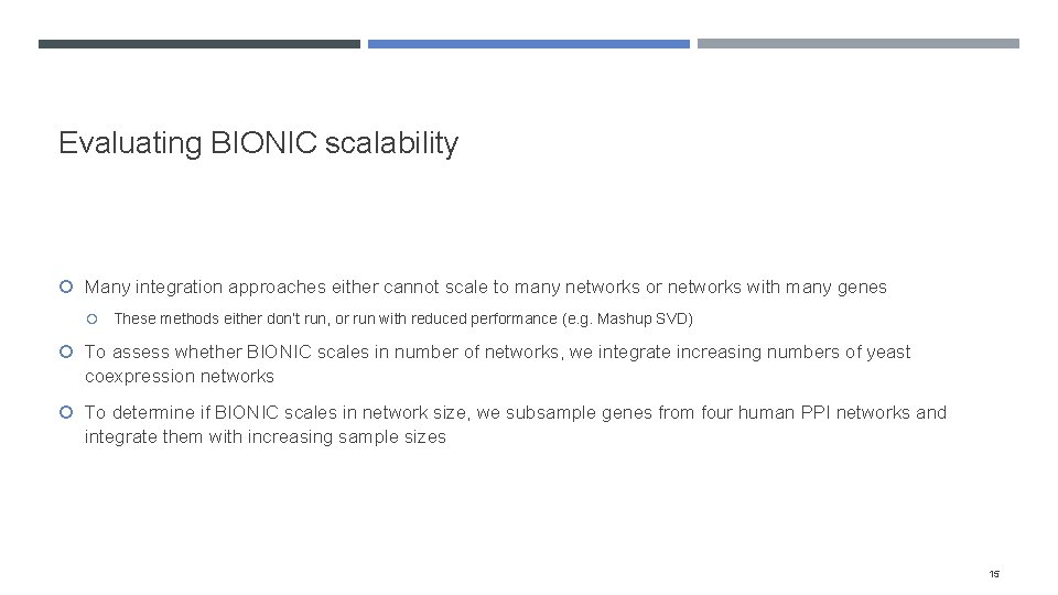 Evaluating BIONIC scalability Many integration approaches either cannot scale to many networks or networks