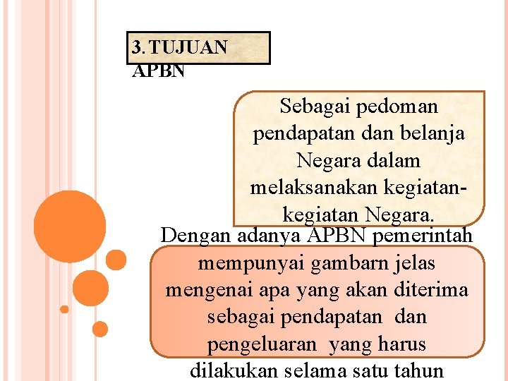 3. TUJUAN APBN Sebagai pedoman pendapatan dan belanja Negara dalam melaksanakan kegiatan Negara. Dengan