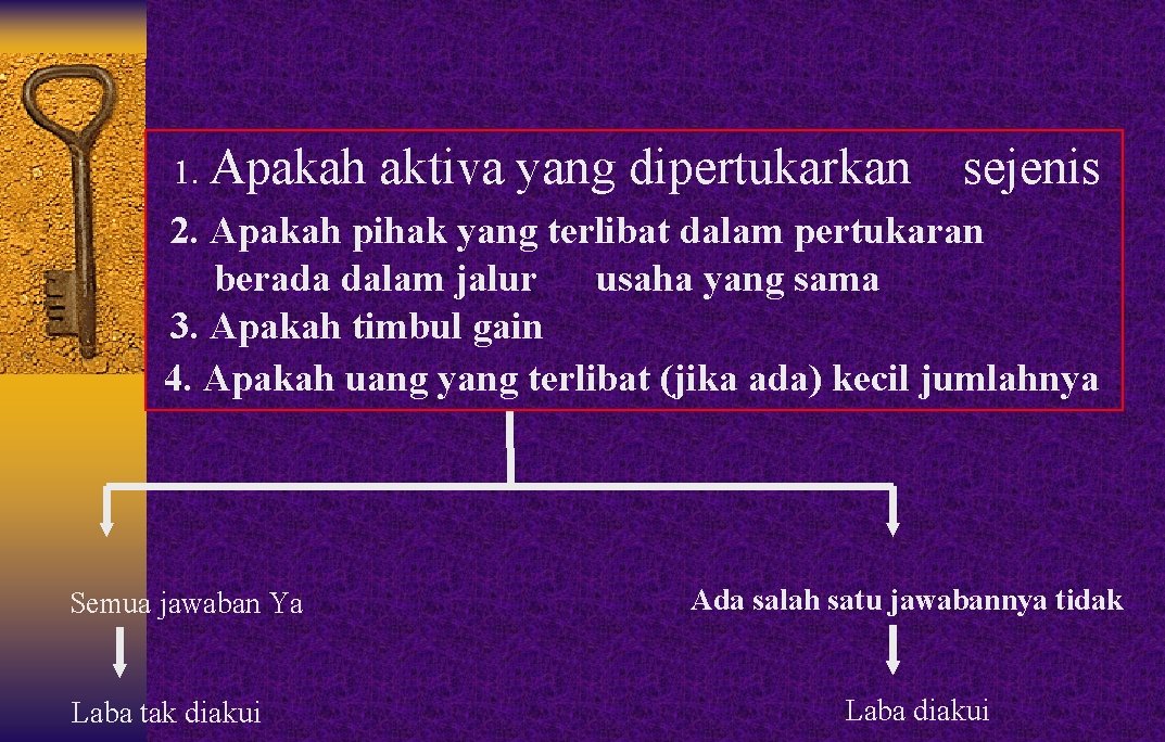 1. Apakah aktiva yang dipertukarkan sejenis 2. Apakah pihak yang terlibat dalam pertukaran berada