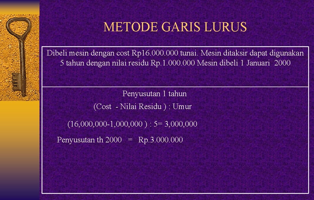 METODE GARIS LURUS Dibeli mesin dengan cost Rp 16. 000 tunai. Mesin ditaksir dapat