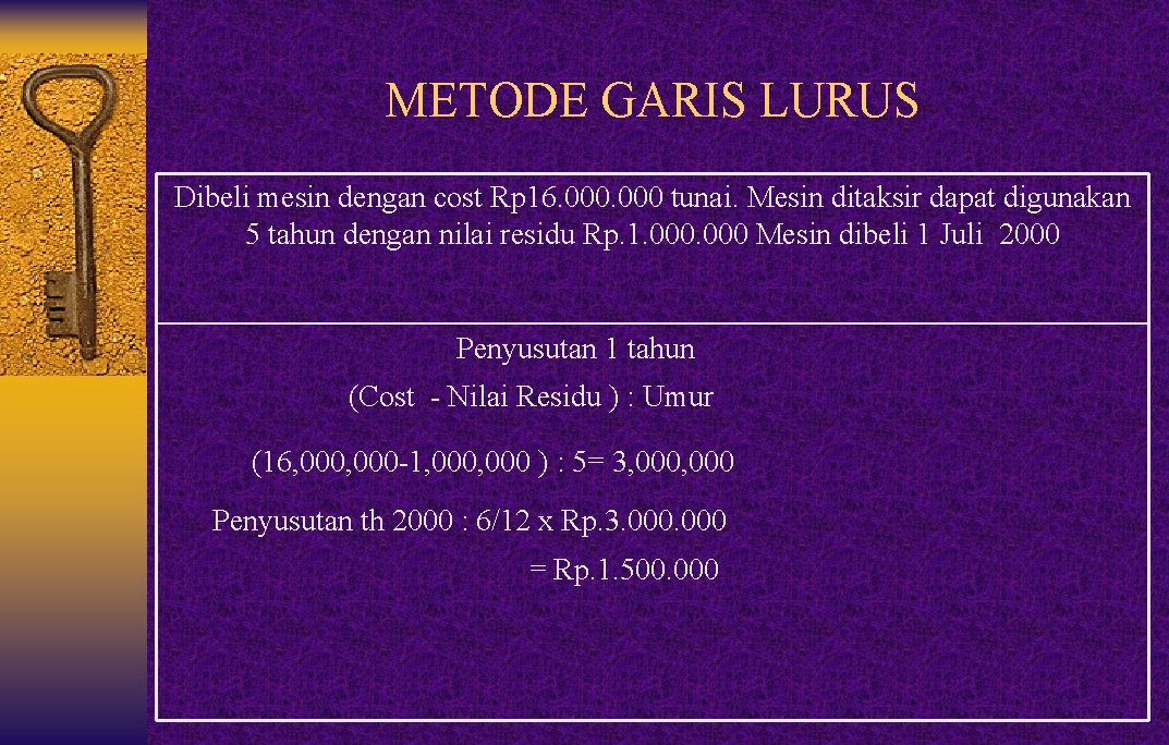 METODE GARIS LURUS Dibeli mesin dengan cost Rp 16. 000 tunai. Mesin ditaksir dapat