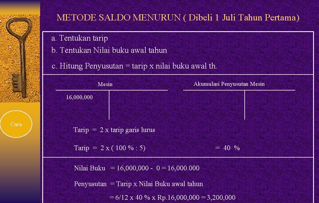 METODE SALDO MENURUN ( Dibeli 1 Juli Tahun Pertama) a. Tentukan tarip b. Tentukan