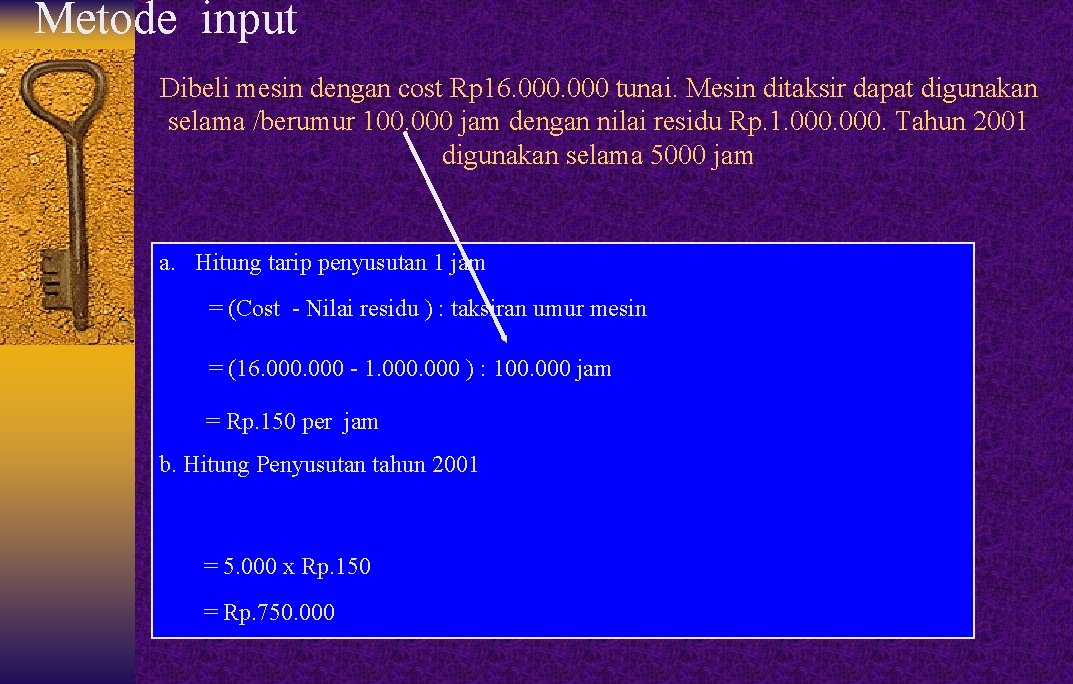 Metode input Dibeli mesin dengan cost Rp 16. 000 tunai. Mesin ditaksir dapat digunakan