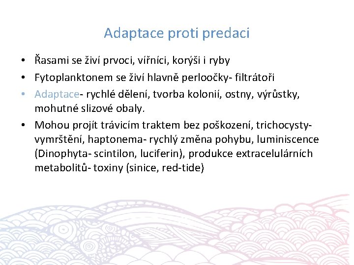 Adaptace proti predaci • Řasami se živí prvoci, vířníci, korýši i ryby • Fytoplanktonem