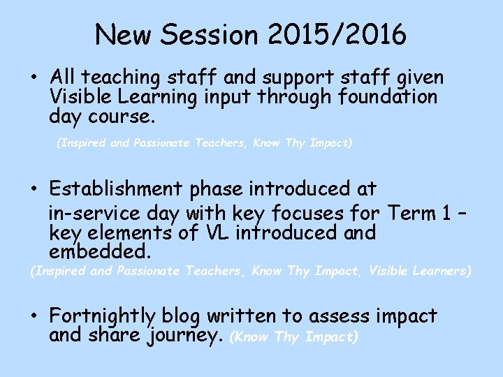 New Session 2015/2016 • All teaching staff and support staff given Visible Learning input