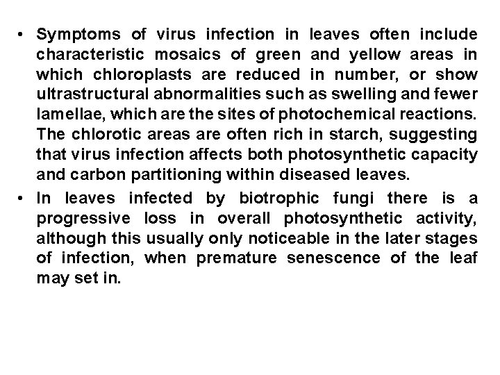  • Symptoms of virus infection in leaves often include characteristic mosaics of green