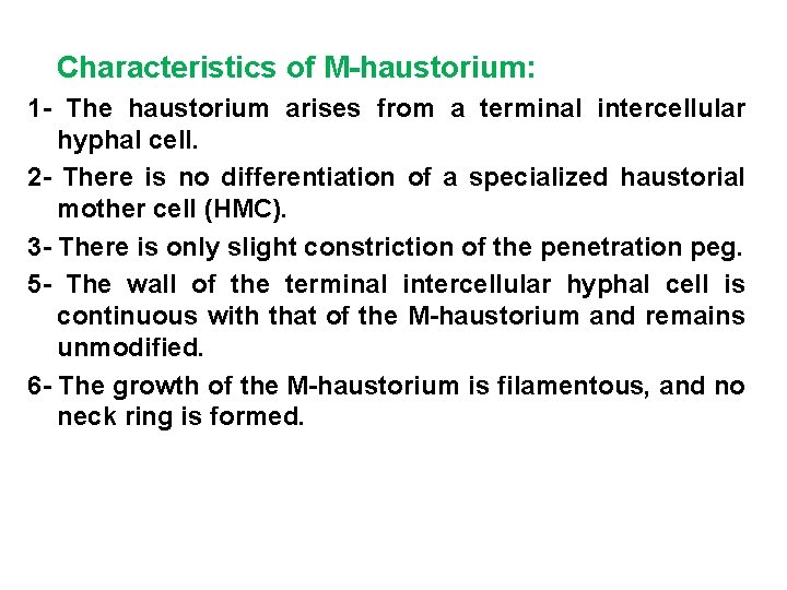 Characteristics of M-haustorium: 1 - The haustorium arises from a terminal intercellular hyphal cell.