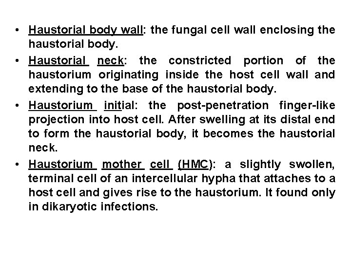  • Haustorial body wall: the fungal cell wall enclosing the haustorial body. •