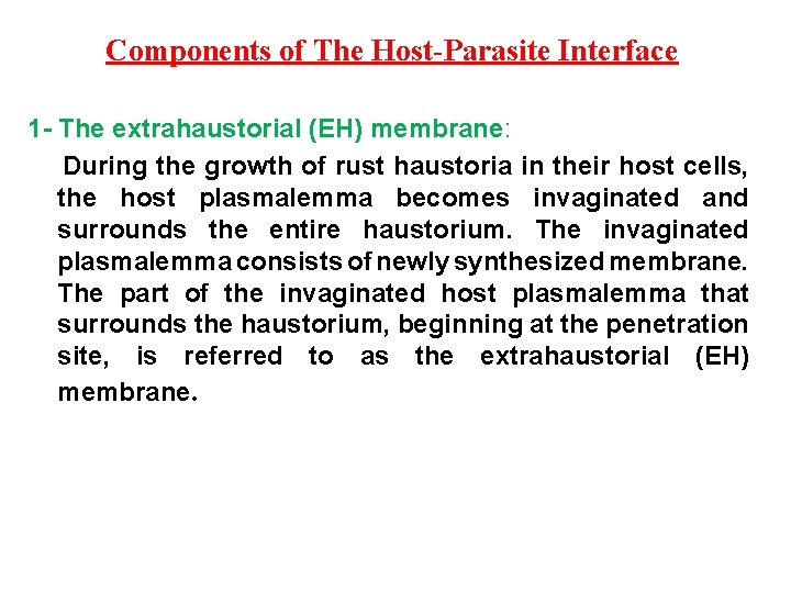 Components of The Host-Parasite Interface 1 - The extrahaustorial (EH) membrane: During the growth