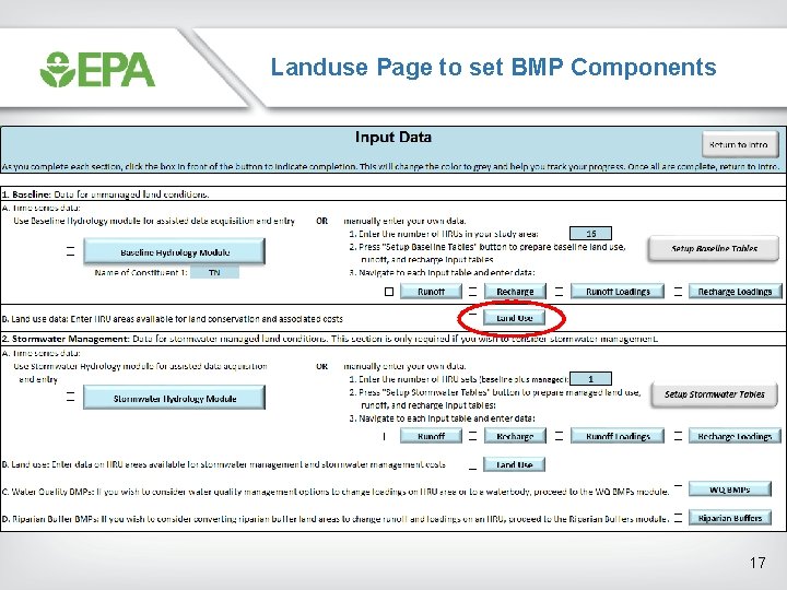 Landuse Page to set BMP Components 17 