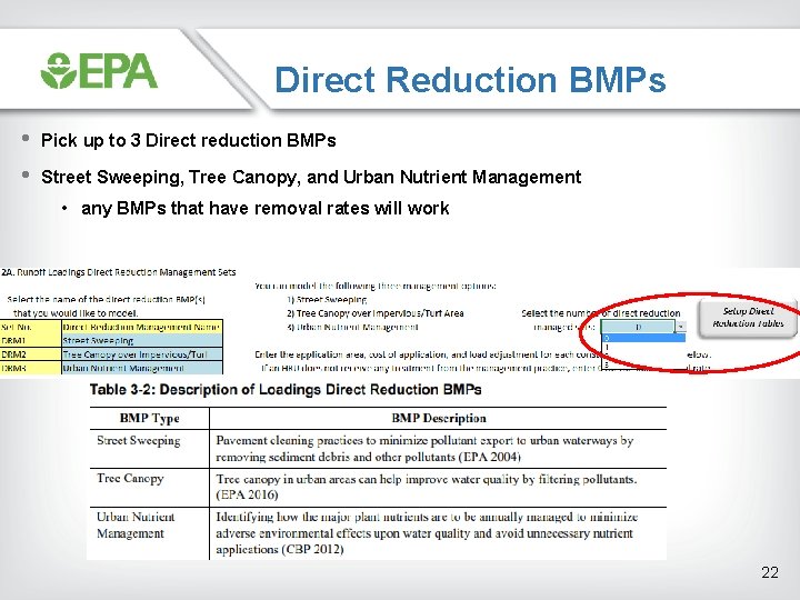 Direct Reduction BMPs • • Pick up to 3 Direct reduction BMPs Street Sweeping,