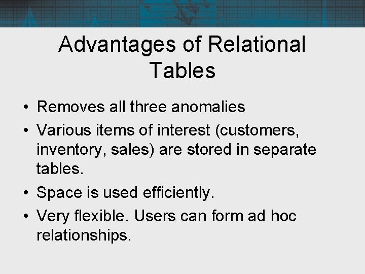 Advantages of Relational Tables • Removes all three anomalies • Various items of interest