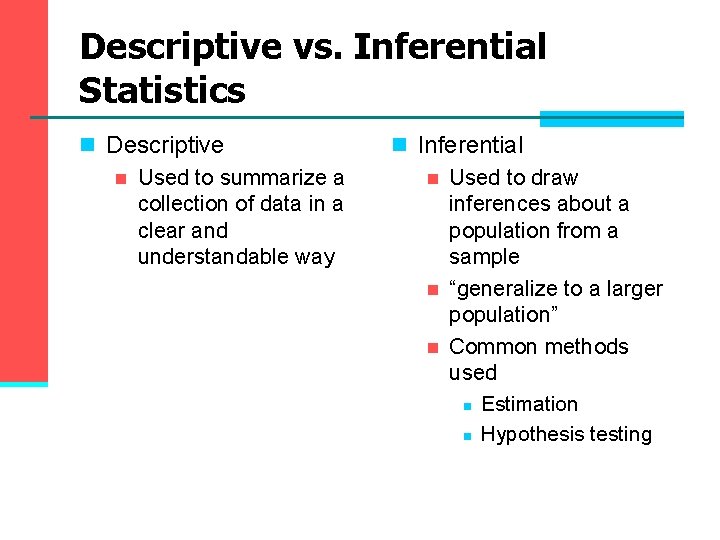 Descriptive vs. Inferential Statistics n Descriptive n Used to summarize a collection of data Descriptive vs. Inferential Statistics n Descriptive n Used to summarize a collection of data