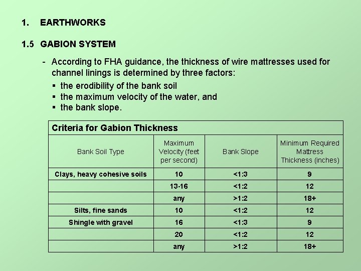 1. EARTHWORKS 1. 5 GABION SYSTEM - According to FHA guidance, the thickness of
