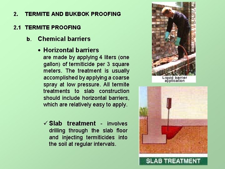 2. TERMITE AND BUKBOK PROOFING 2. 1 TERMITE PROOFING b. Chemical barriers Horizontal barriers
