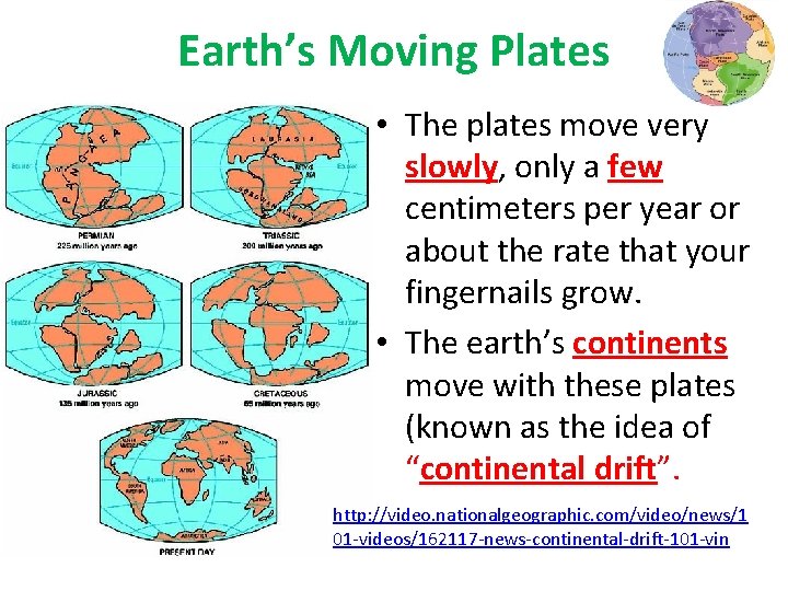 Earth’s Moving Plates • The plates move very slowly, only a few centimeters per