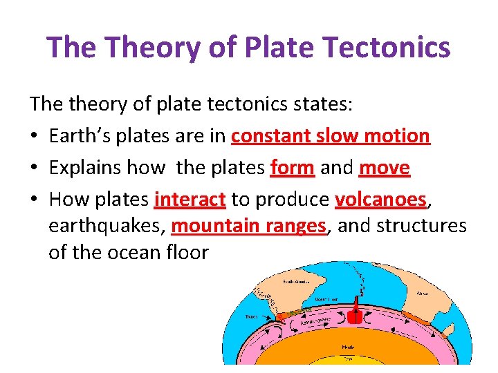 The Theory of Plate Tectonics The theory of plate tectonics states: • Earth’s plates