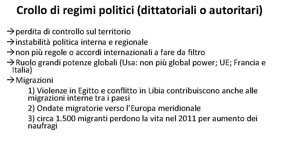 Crollo di regimi politici (dittatoriali o autoritari) perdita di controllo sul territorio instabilità politica