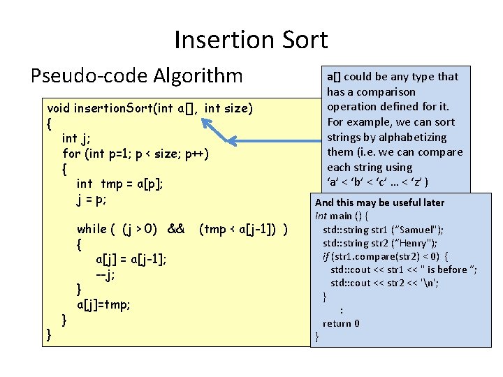 Insertion Sort Pseudo-code Algorithm void insertion. Sort(int a[], int size) { int j; for
