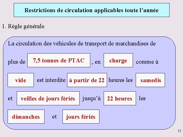Restrictions de circulation applicables toute l’année 1. Règle générale La circulation des véhicules de