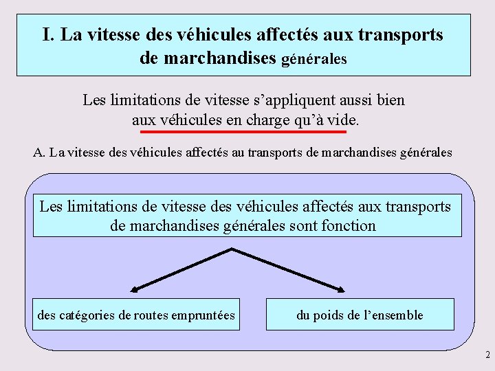 I. La vitesse des véhicules affectés aux transports de marchandises générales Les limitations de