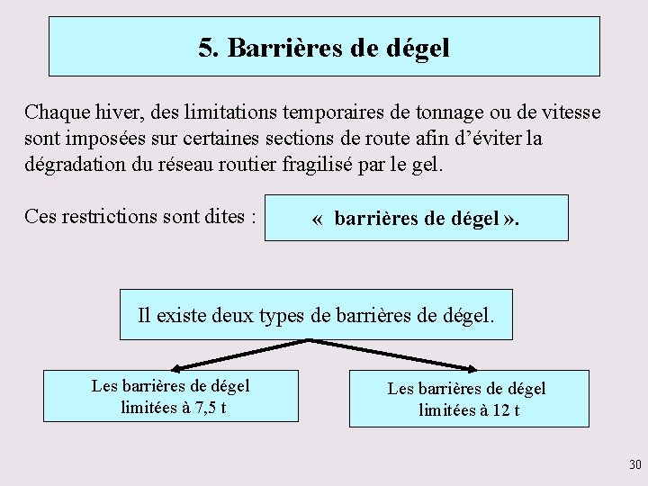 5. Barrières de dégel Chaque hiver, des limitations temporaires de tonnage ou de vitesse