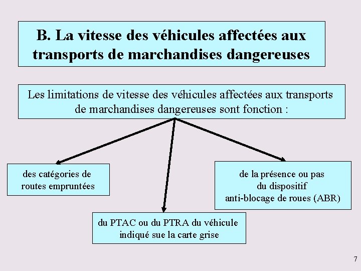 B. La vitesse des véhicules affectées aux transports de marchandises dangereuses Les limitations de