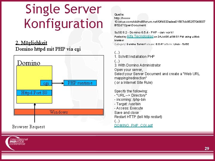 Single Server Konfiguration 2. Möglichkeit Domino httpd mit PHP via cgi Domino cgi PHP