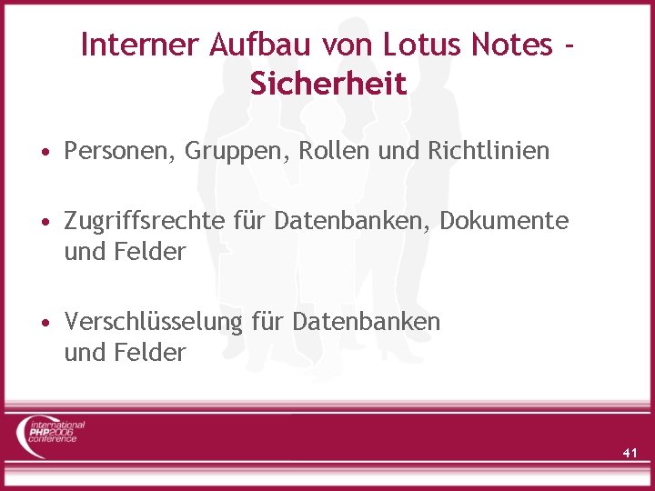 Interner Aufbau von Lotus Notes Sicherheit • Personen, Gruppen, Rollen und Richtlinien • Zugriffsrechte