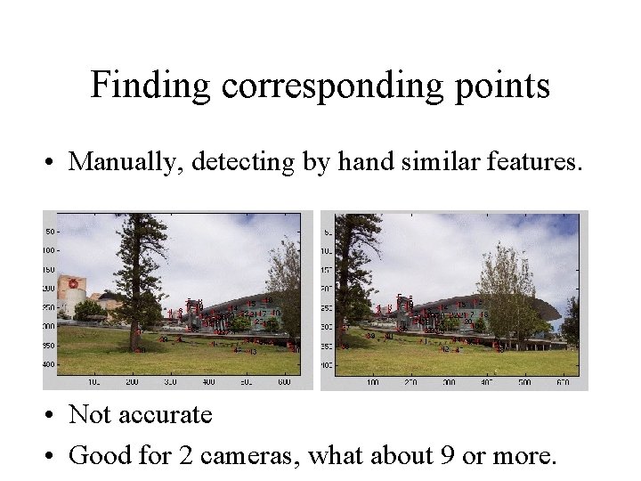 Finding corresponding points • Manually, detecting by hand similar features. • Not accurate •