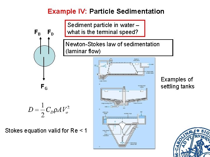 Example IV: Particle Sedimentation FB FD Sediment particle in water – what is the