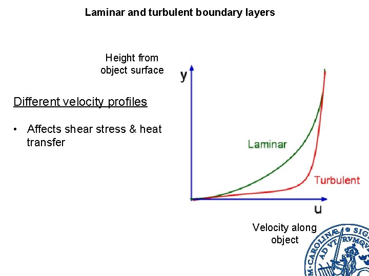 Laminar and turbulent boundary layers Height from object surface Different velocity profiles • Affects
